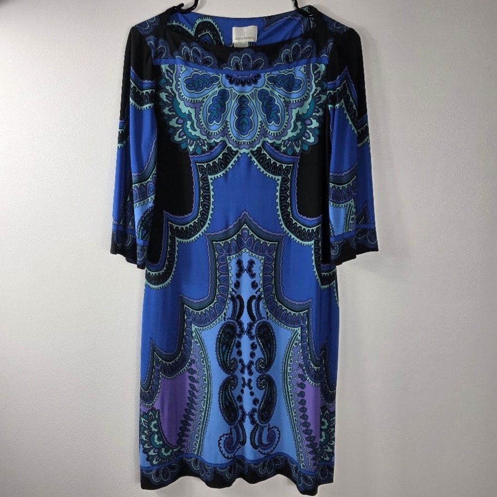 Women's‎ Blue Paisley Print Sheath Dress 3/4 Sleeve Boat Neck